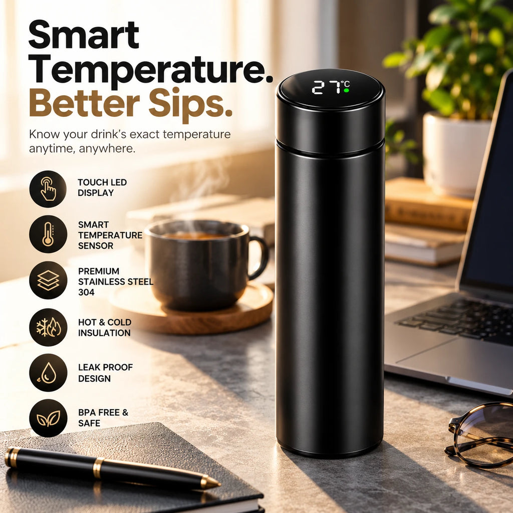 Black bottle on a desk next to a laptop and a hot drink, with its features listed