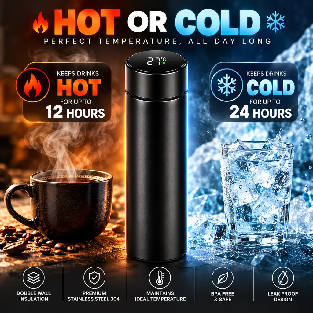Black bottle between a hot coffee and an iced drink