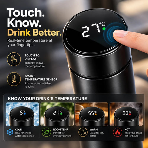 Finger tapping the lid to show the temperature, with cold, room, warm and hot readings