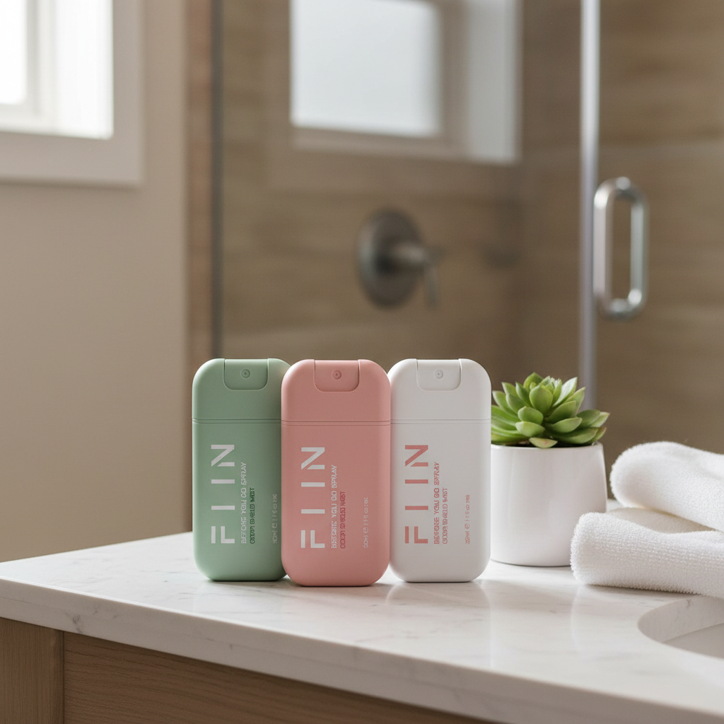 FIIN Before You Go Spray bottles styled on a marble bathroom countertop — lifestyle shot