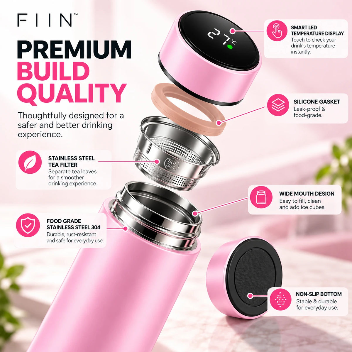 Exploded view of the pink bottle: smart LED lid, silicone gasket, stainless steel tea filter and wide-mouth bottle