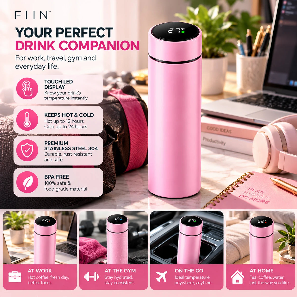 Pink bottle on a desk, and in use at work, at the gym, on the go and at home