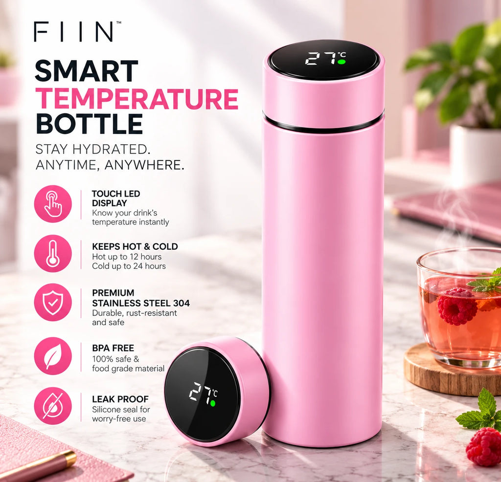 Pink bottle and lid on a table next to a glass of fruit tea, with its features listed