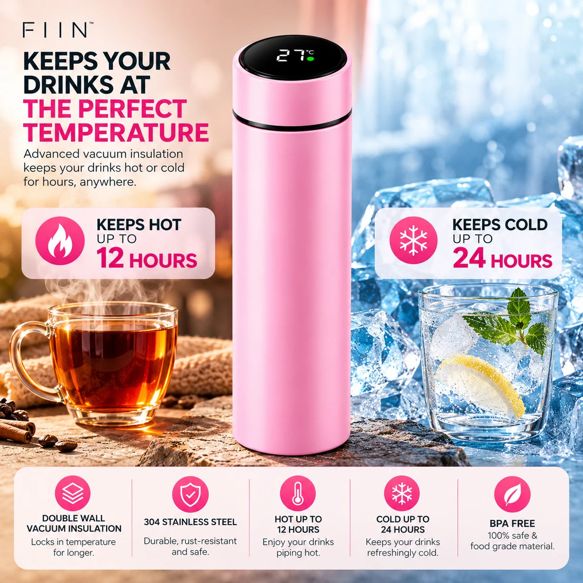 Pink bottle between a hot cup of tea and an iced drink